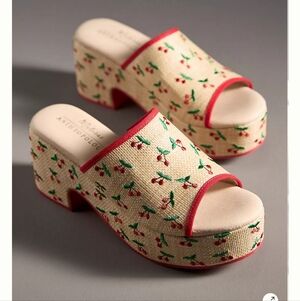 Matisse Anthropologie Embroidered Cherry Cork Platform Wedge Slide Sandals Terry